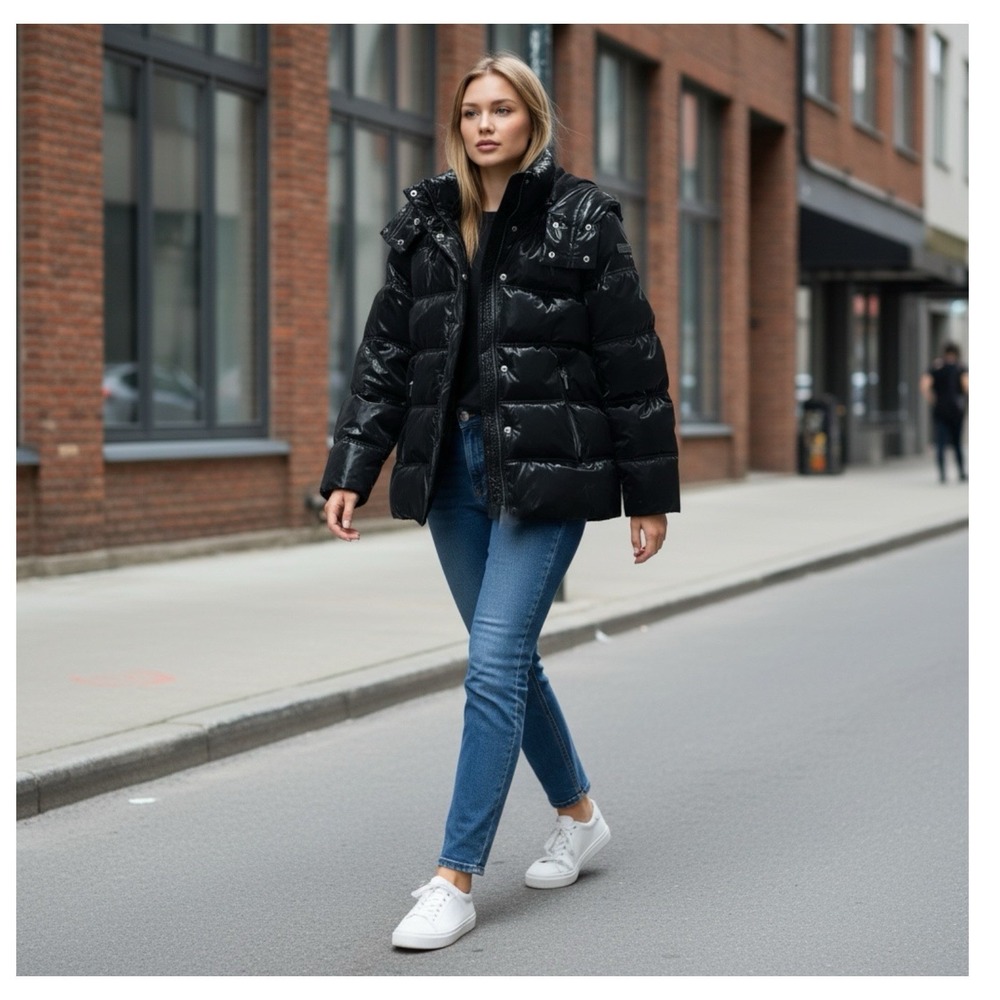 HALSTON Oversized Shiny Black Puffer Jacket S Dark Academia Streetwear